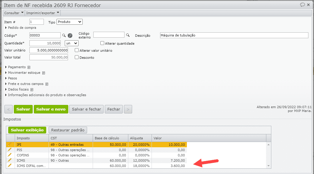 janela Nota Fiscal Recebida