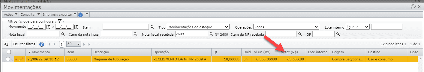 movimentações do item da nota fiscal recebida