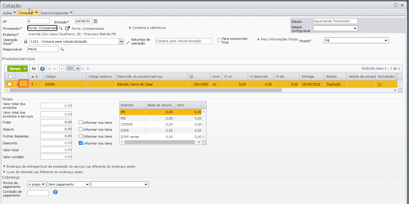 abra o pedido de cotação
