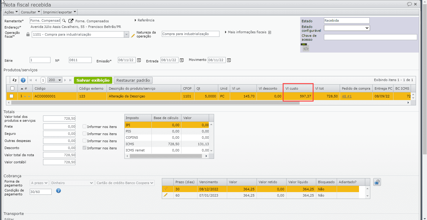 tela nota fiscal recebida