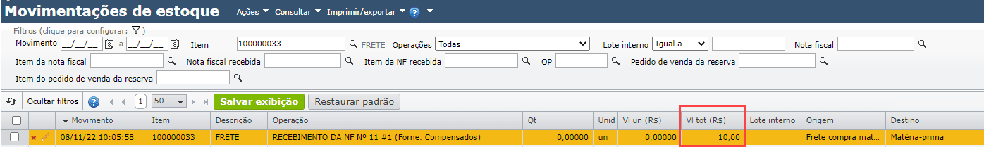 tela de movimentações de estoque