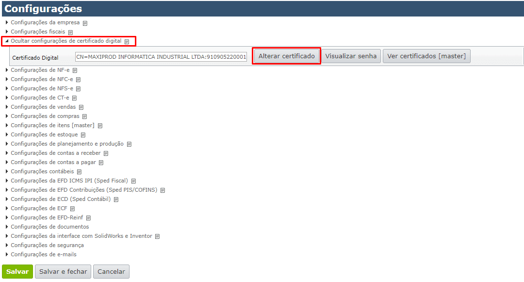 Expanda o menu “Configurações de certificado digital”