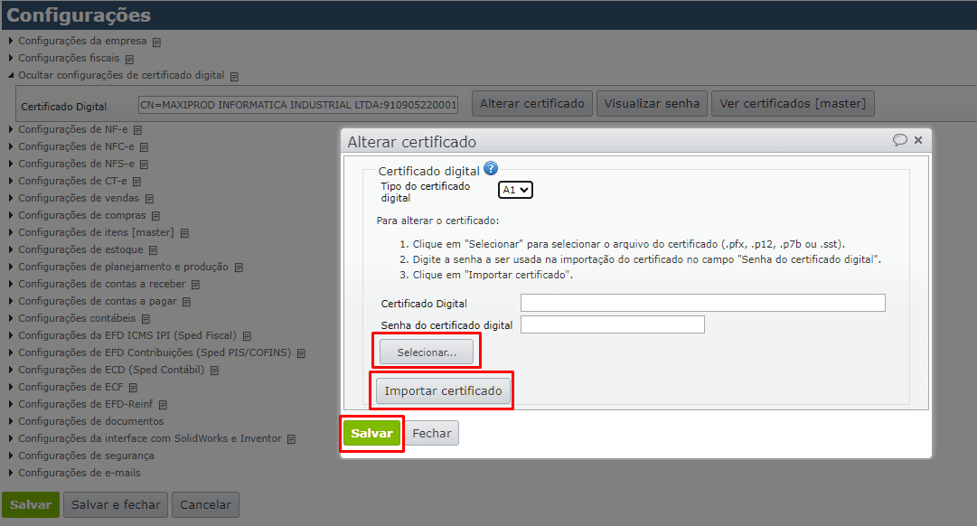 tela de “Alterar certificado”