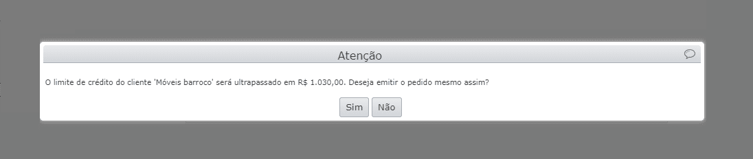 sistema informa que o limite de crédito será ultrapassado
