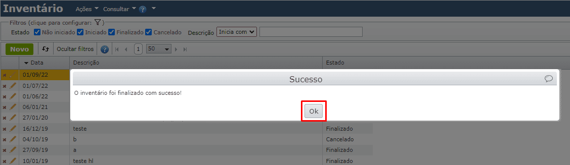 mensagem: inventário finalizado com sucesso