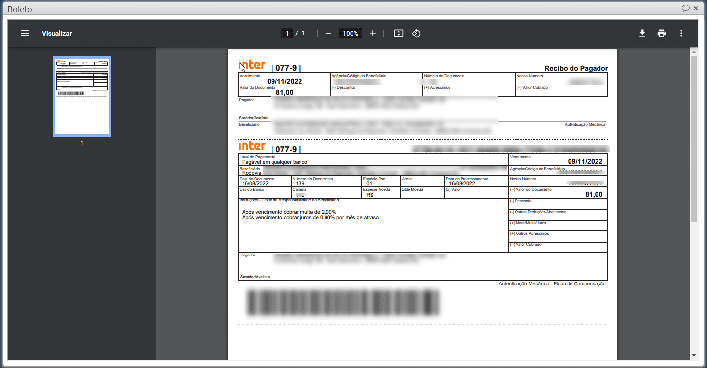 pdf do boleto disponível para pagamento