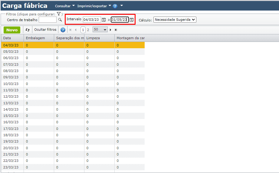 grade de carga fábrica - intervalo de dias