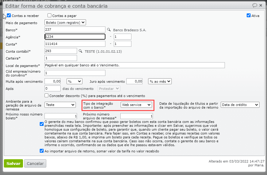 boletos via Web Service - dados de forma de cobrança