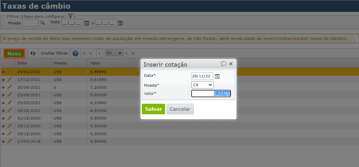 vendas em moeda estrangeira - inserir cotação