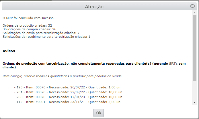 aviso após concluir MRP