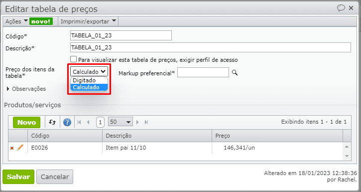 editar tabela de preços