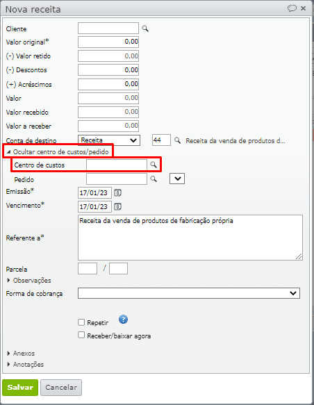 janela nova receita - centro de custos/pedido