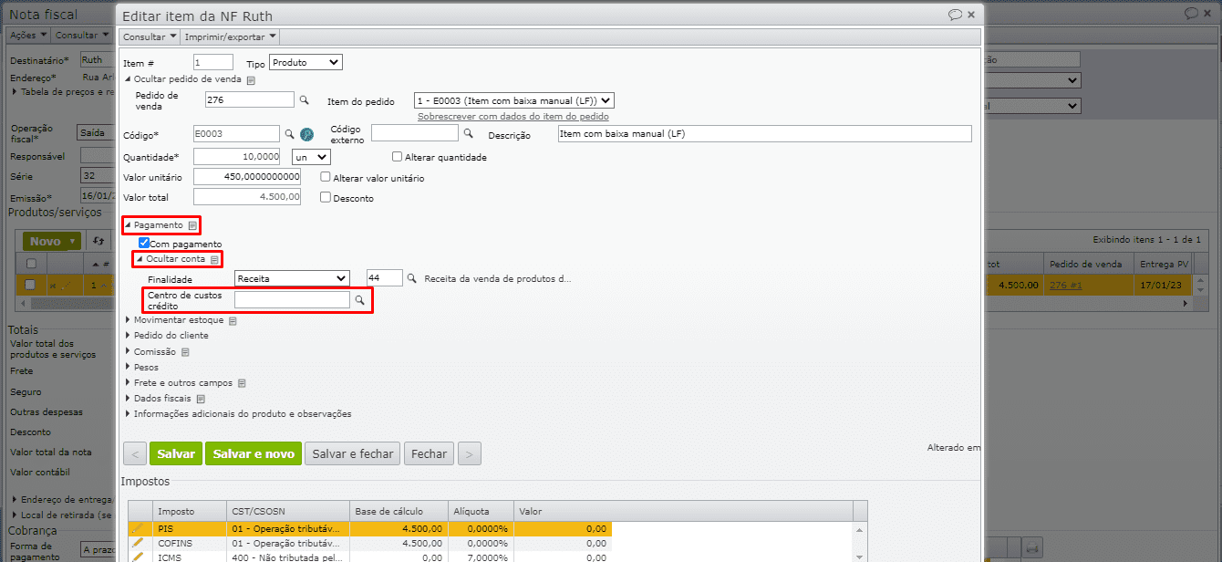 tela de inserção/edição de item de nota fiscal recebida