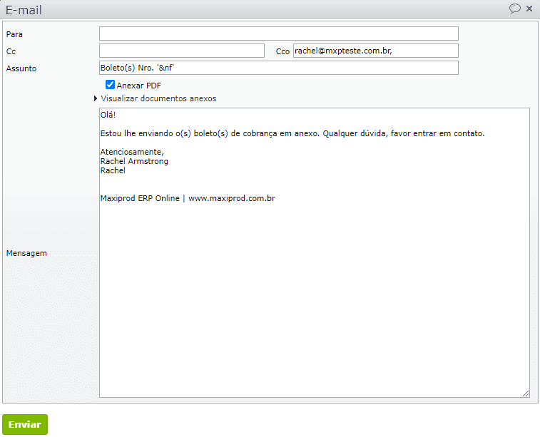 tela de envio por e-mail com os boletos em anexo