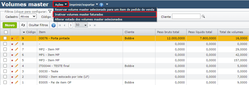 acessar tela Inativar volumes master faturado