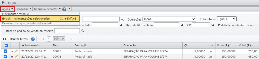 excluir movimentações de estoque