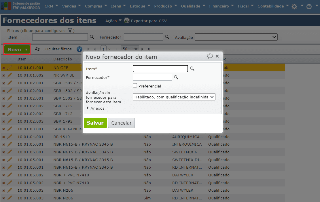 novo fornecedor do item