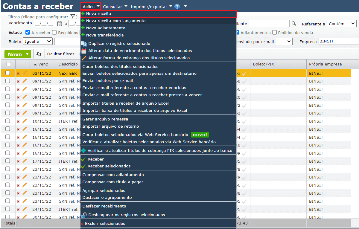 contas a receber - nova receita