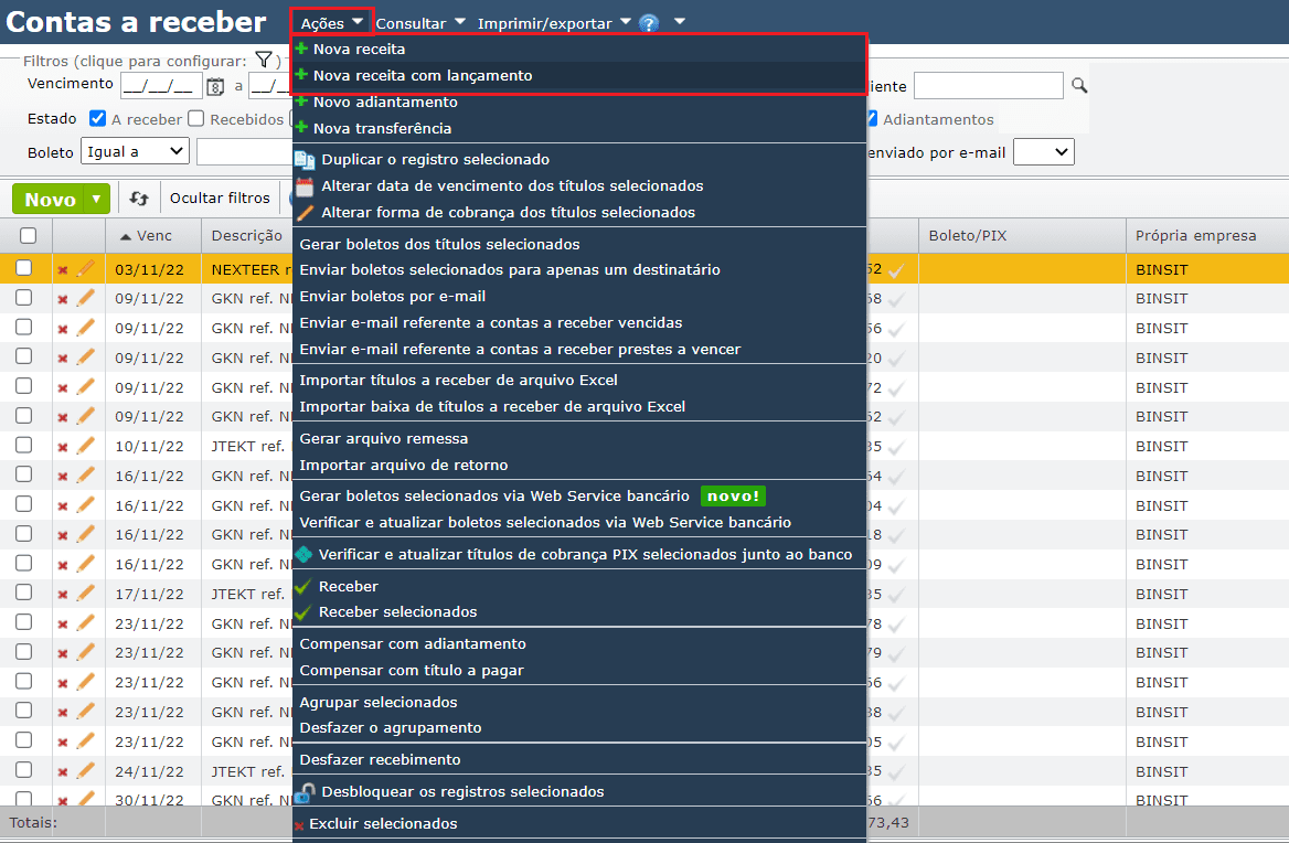 contas a receber - criar nova receita