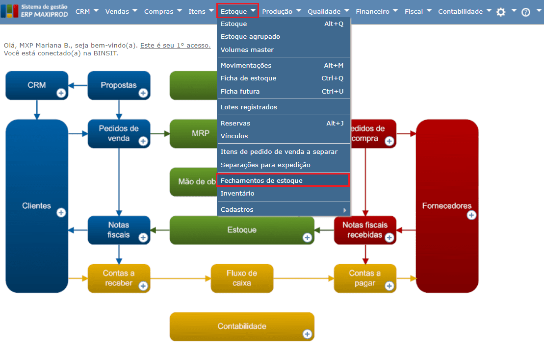 tela de fechamento de estoque