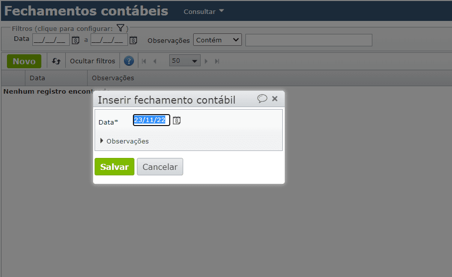 inserir fechamento contábil