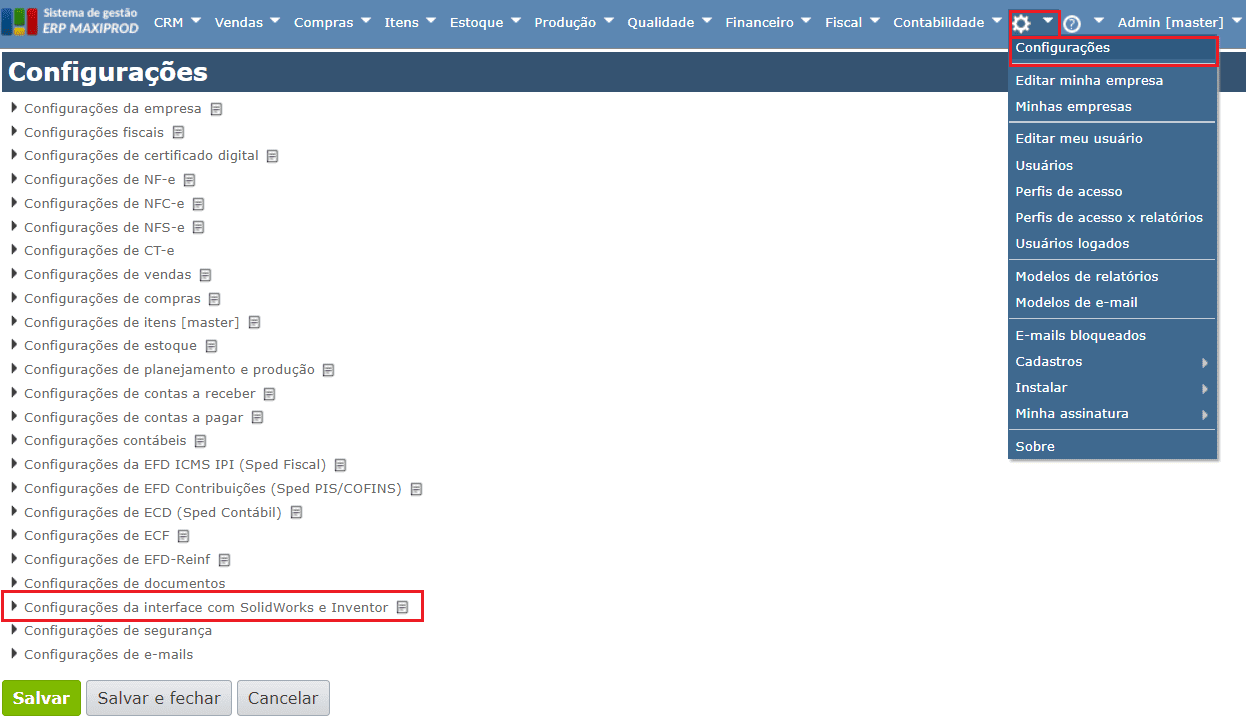 acesse Configurações da interface com SolidWorks e Inventor