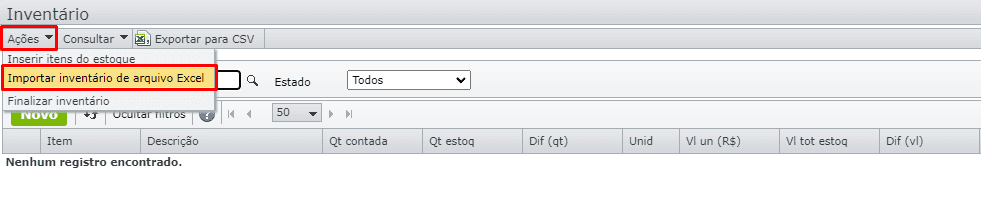 tela Importar inventário de arquivo Excel