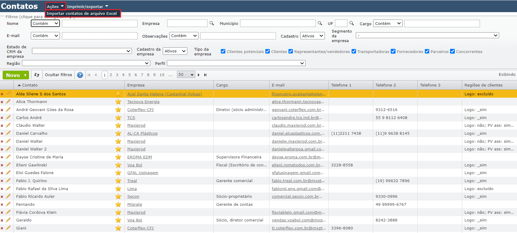 acesso à tela Importar contatos de arquivo Excel