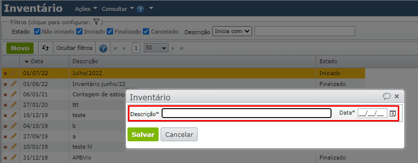 descrição na tela inventário