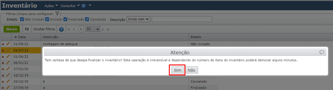 mensagem: deseja finalizar inventário?