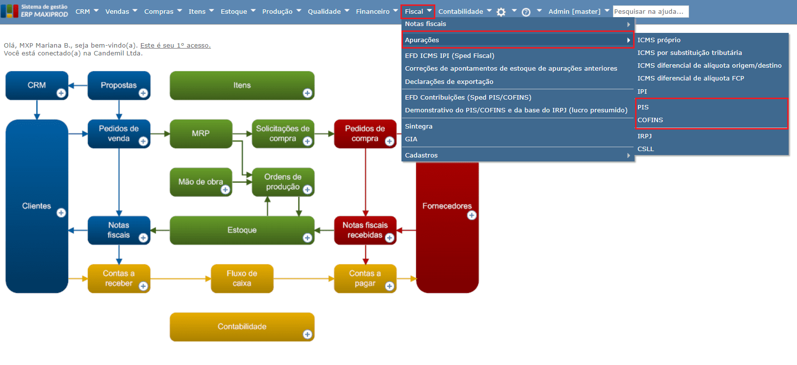 tela de apuração de PIS e COFINS