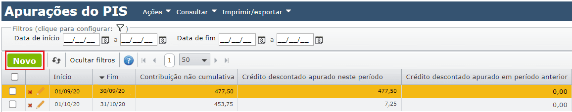 tela de apurações do pis