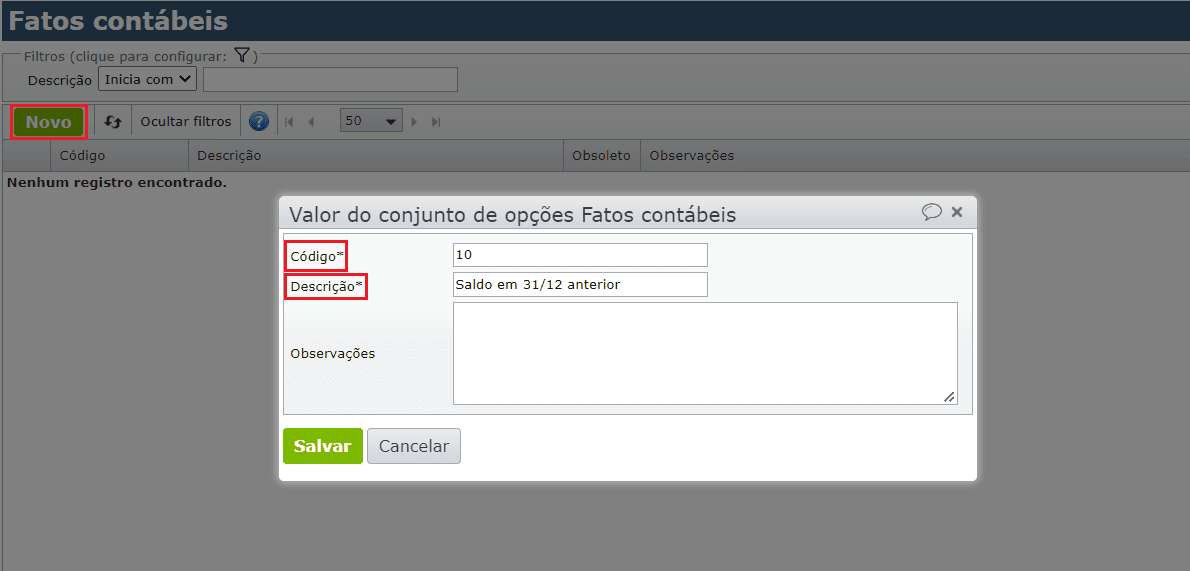 criar um novo fato contábil