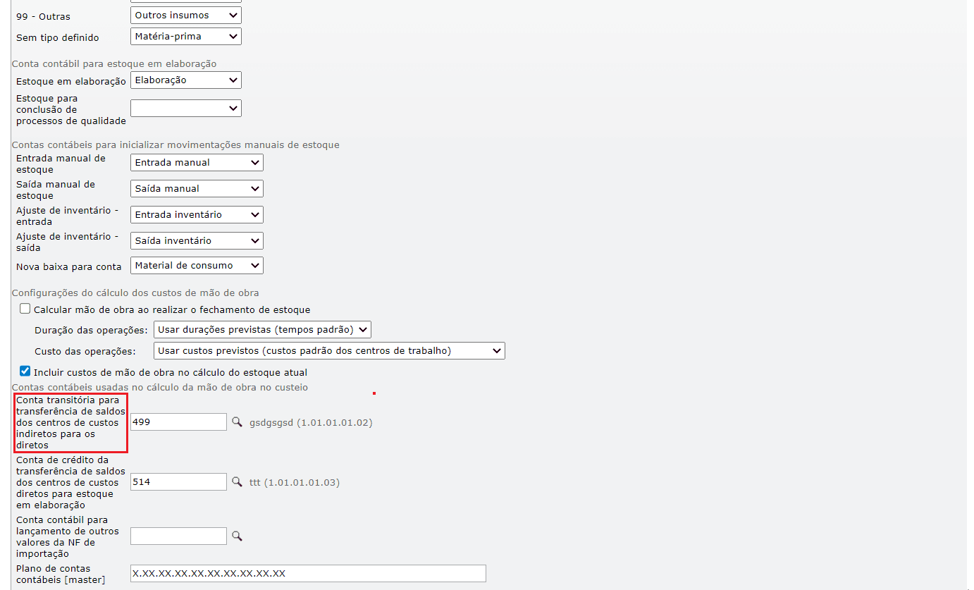 campo contas transitórias para transferência de saldos