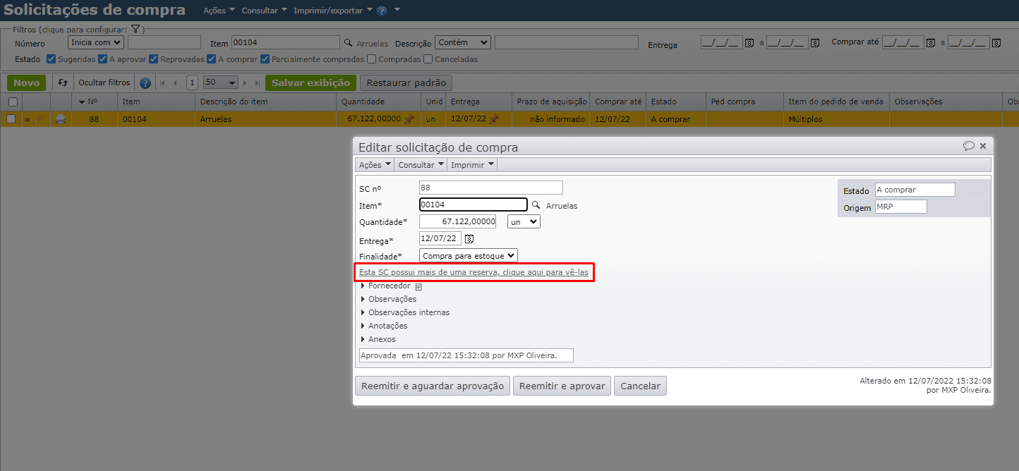tela solicitações de compra - editar solicitação