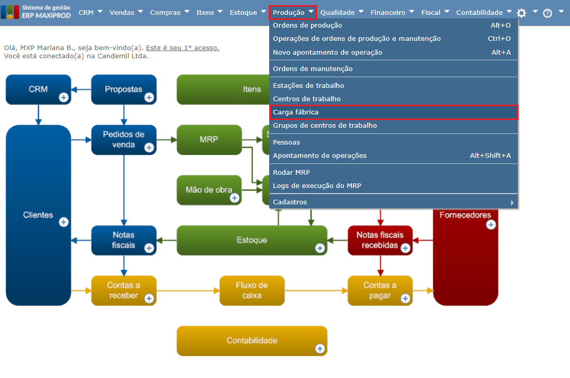acesso à tela carga fábrica