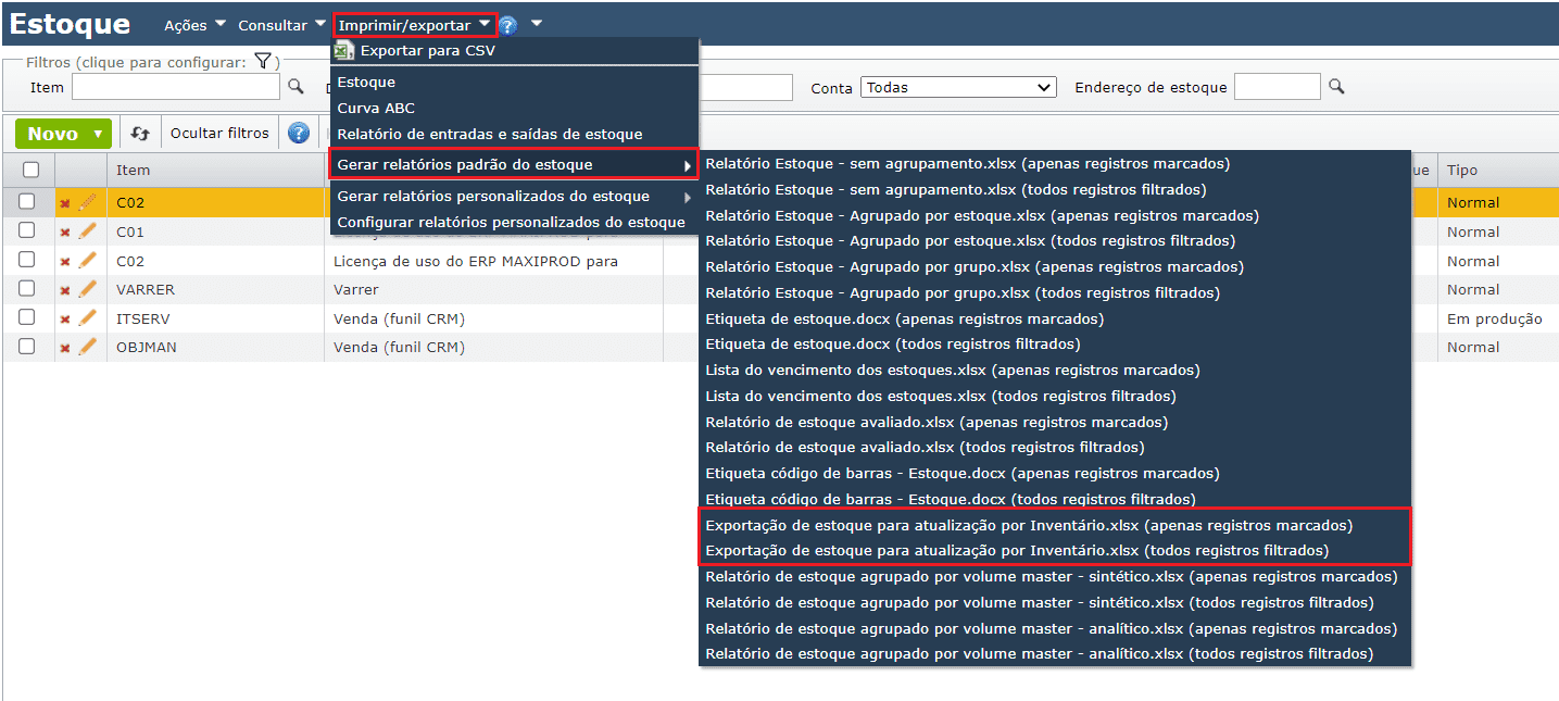 tela Exportação de estoque para atualização por Inventário.xlsx
