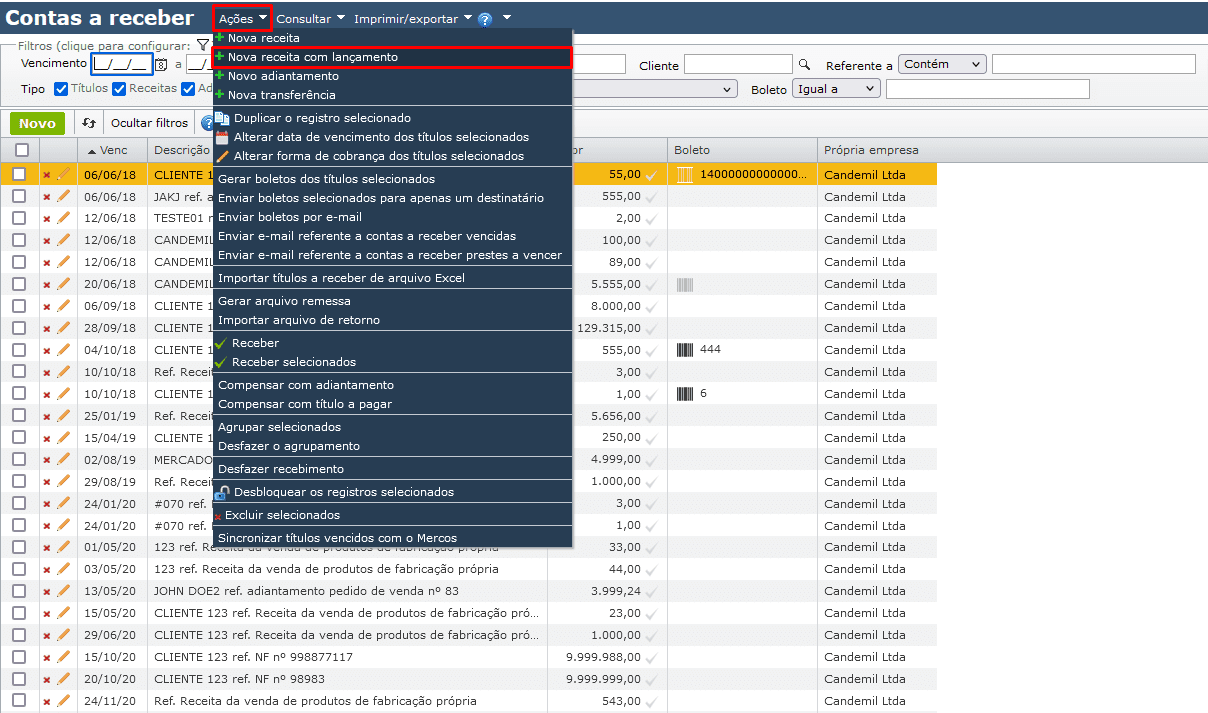 contas a receber - nova receita com lançamento