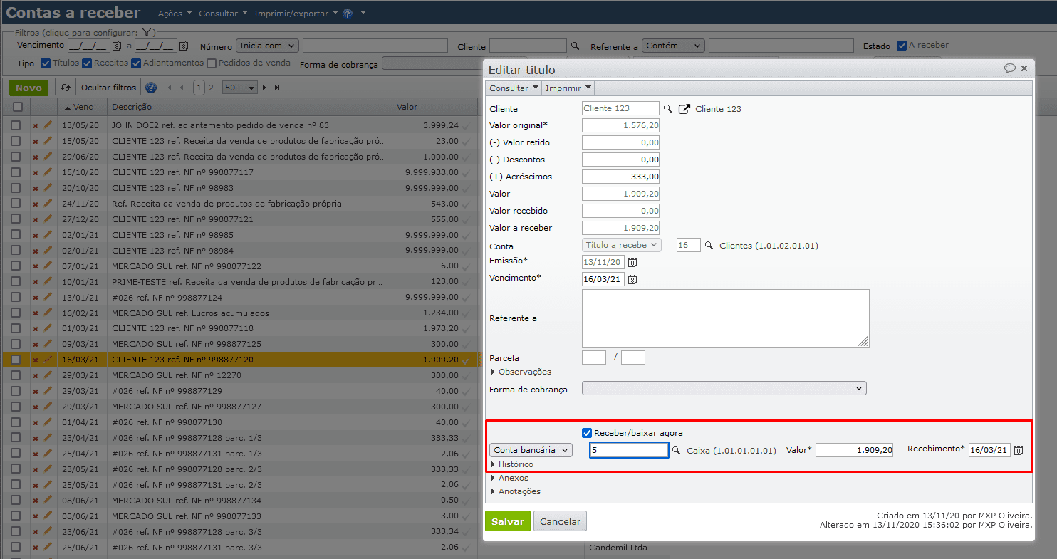 contas a receber - janela editar título