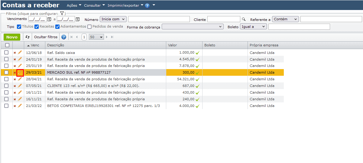 contas a receber - edição do título