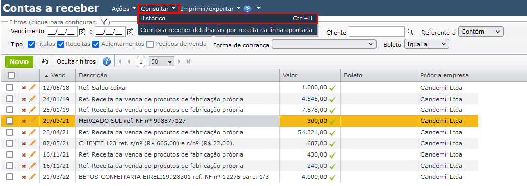 consultar histórico de contas a receber