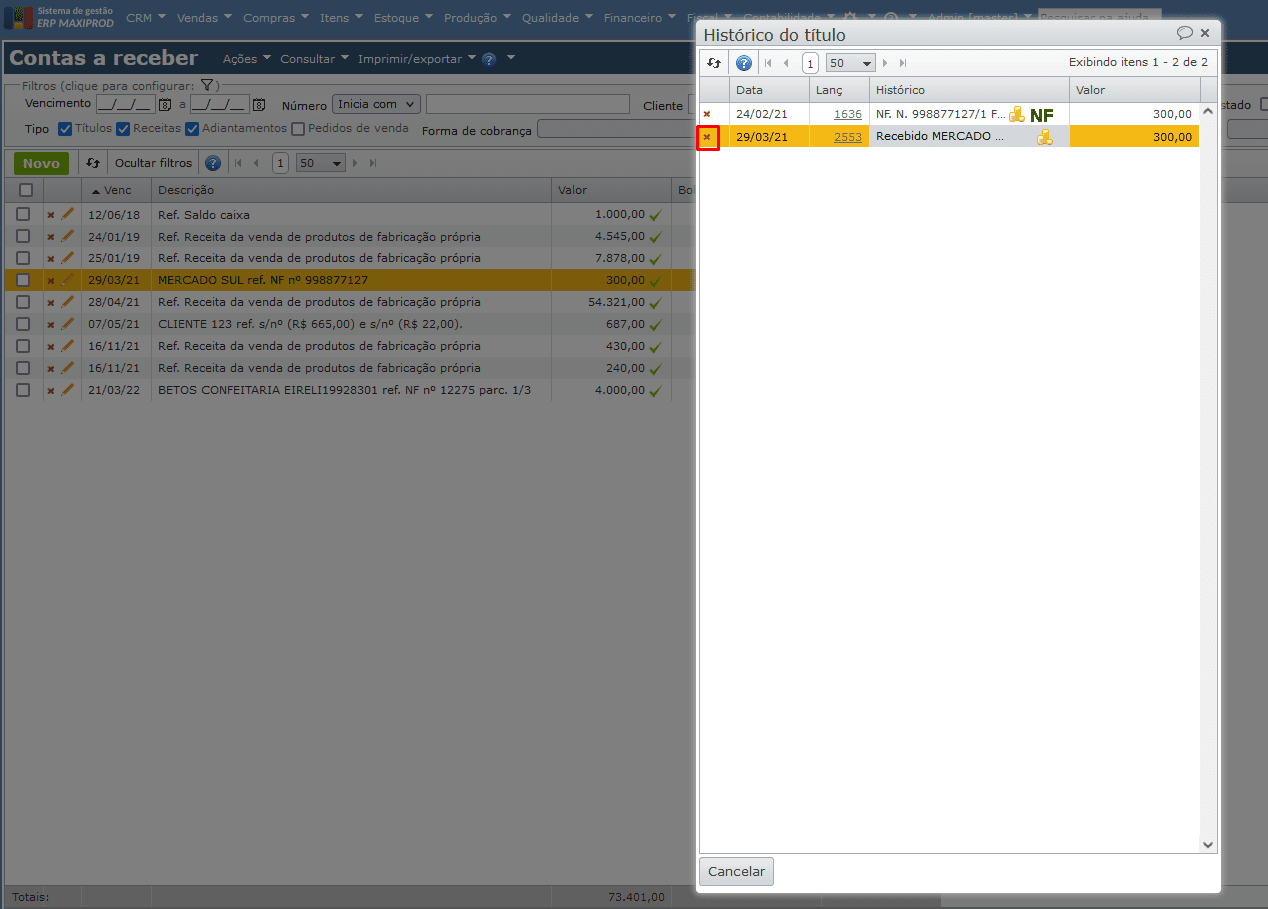tela histórico do título