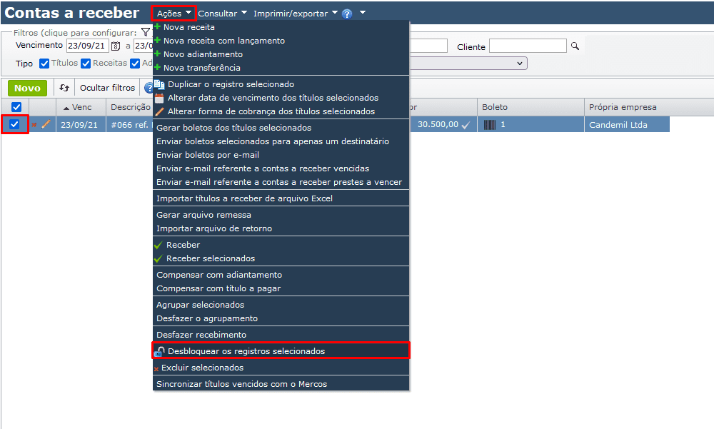 contas a receber - Desbloquear registros selecionados