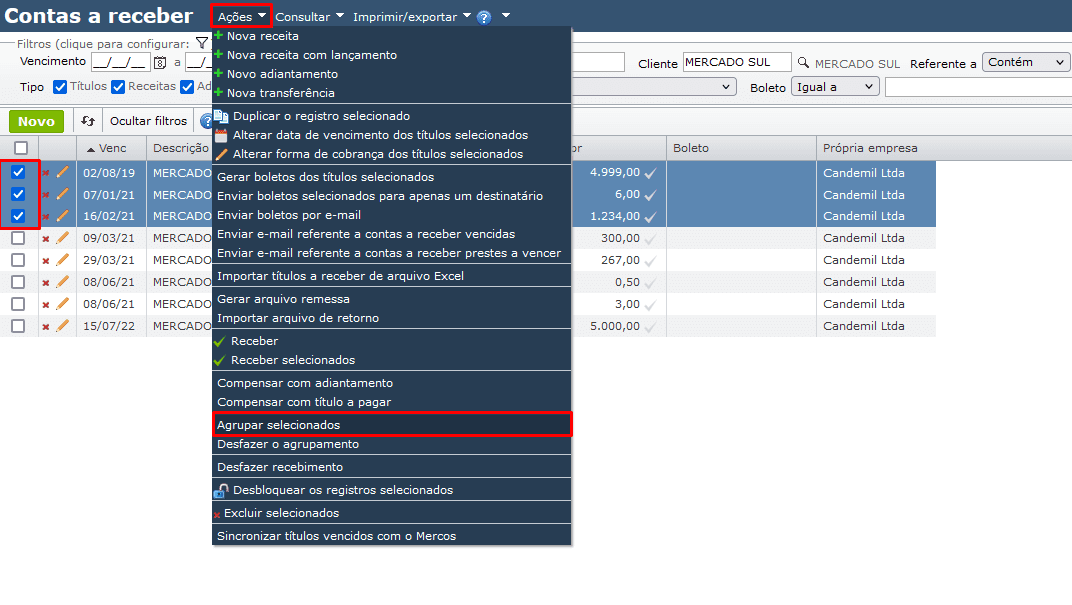 contas a receber - Agrupar selecionados