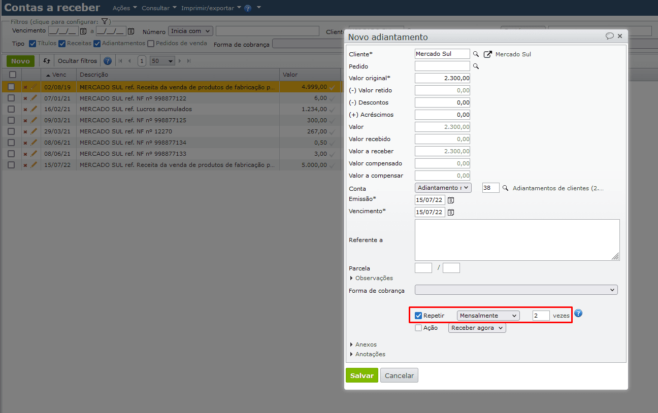 tela contas a receber - novo adiantamento 01