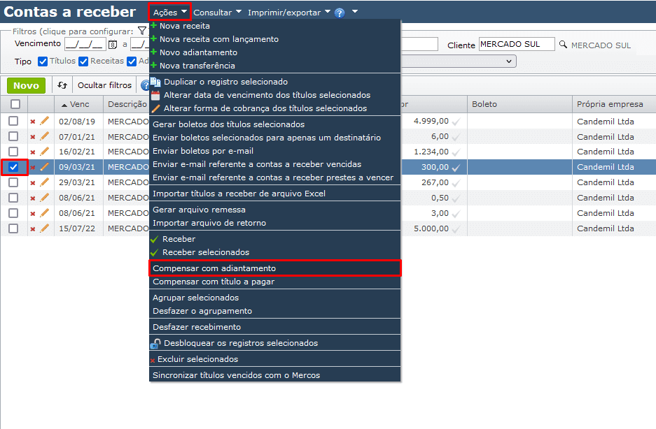 contas a receber - compensar com adiantamento