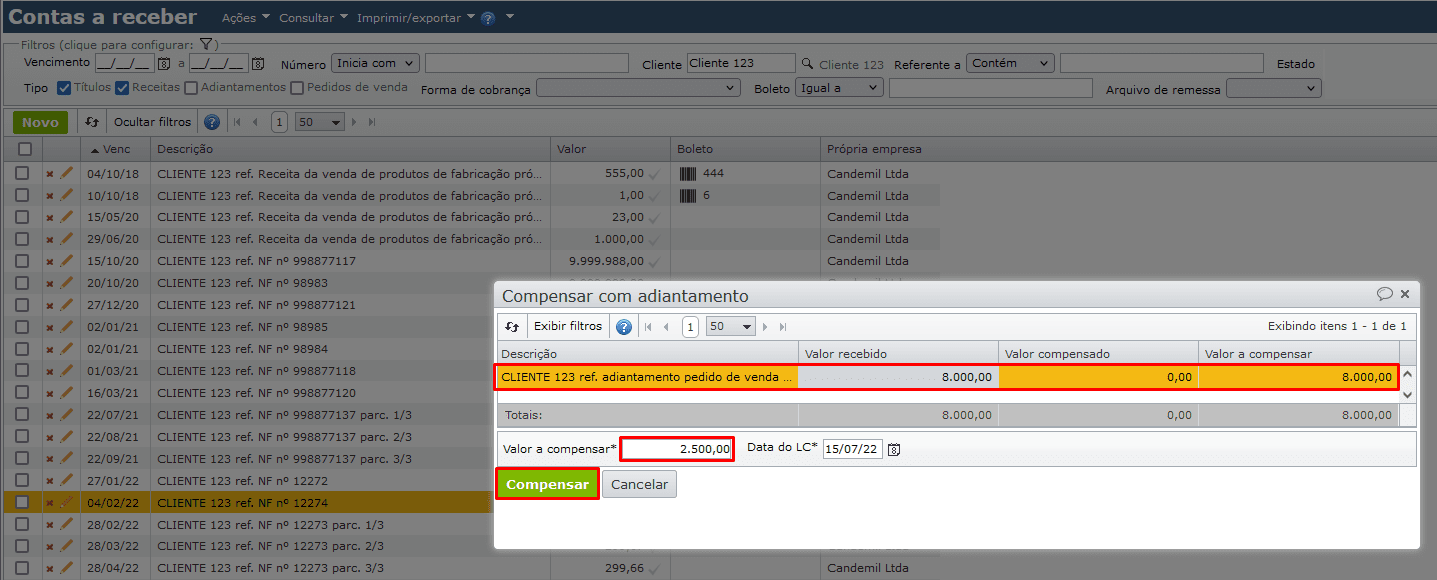 janela compensar com adiantamento