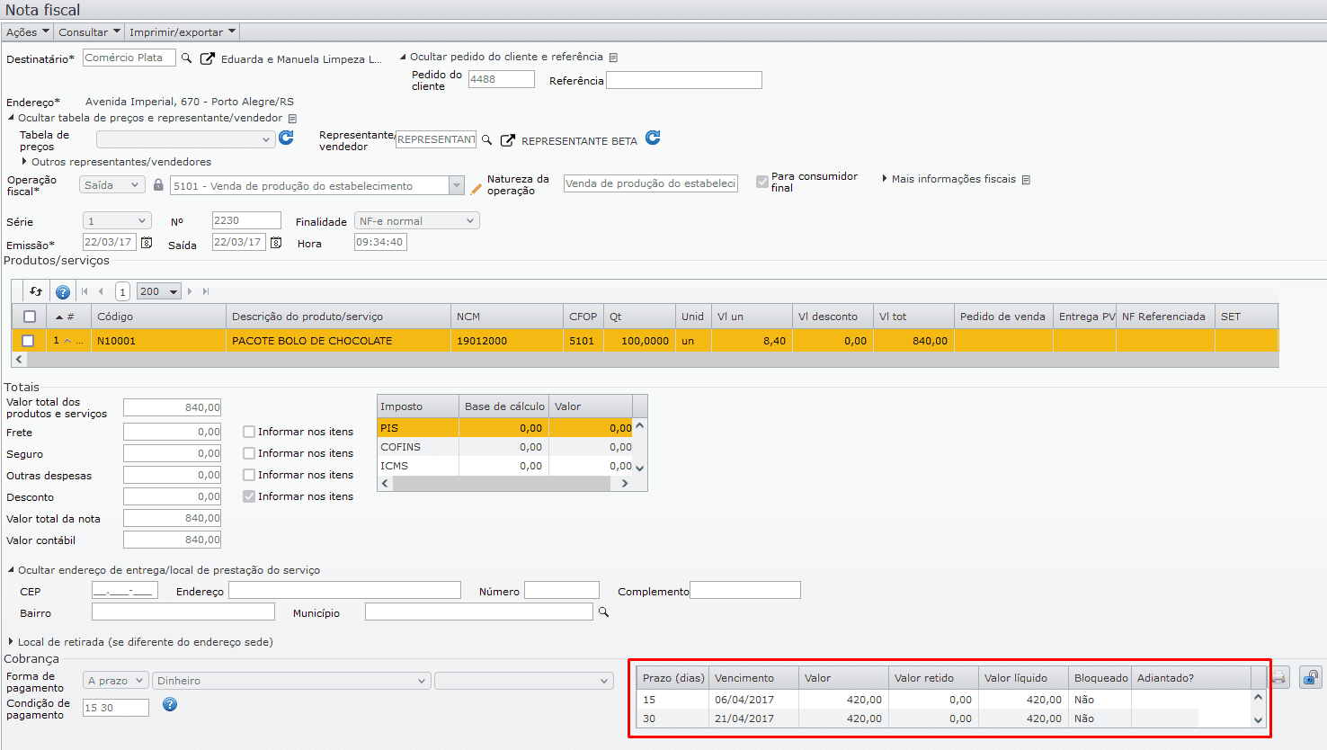 contas a receber - nota fiscal de venda