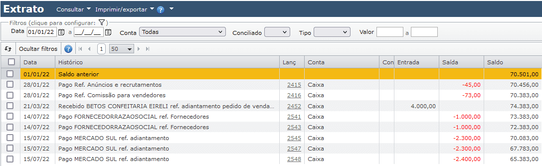 grade da tela extrato