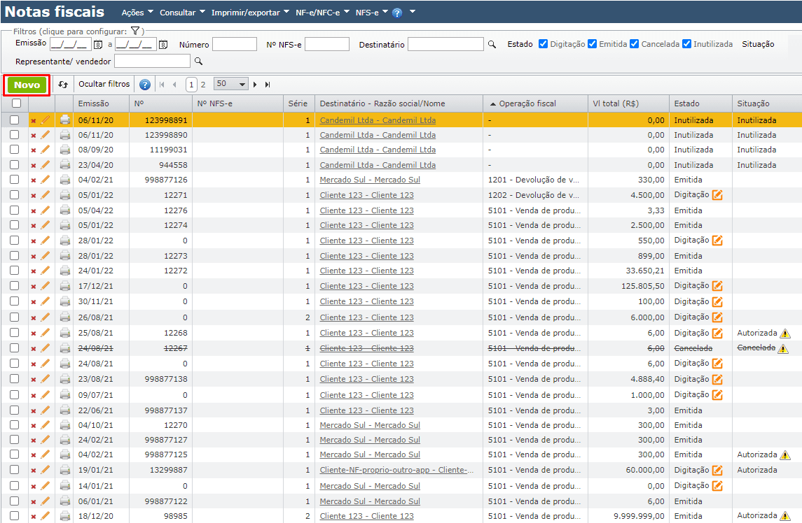 nf-e: grade de notas fiscais